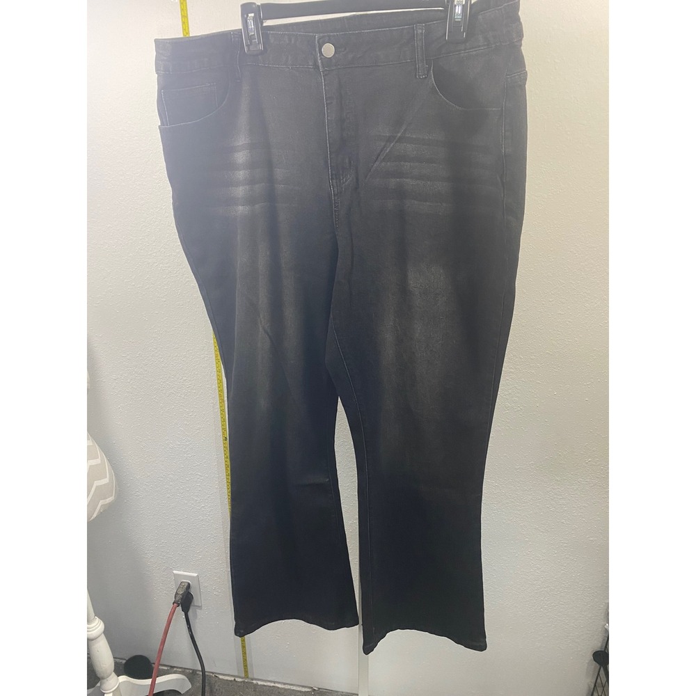 Black Coated Flare Jeans with Rhinestone Star Back Pockets‎ High Rise Plus Size